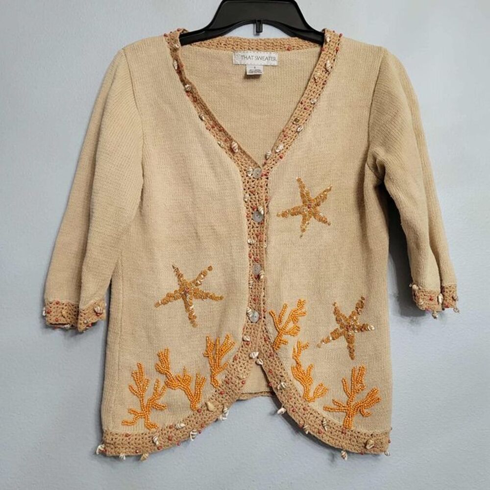 Knit Seed Bead Seashell Crochet Cotton Blend Cardigan Sweater Coastal Resort SM